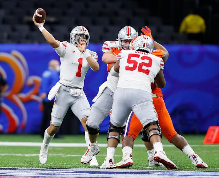 Fields throws a pass against the Clemson Tigers in the third quarter during the Allstate Sugar Bowl.